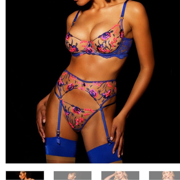 New Honey Birdette 2pc Pink Sapphire set 32F 32DDD Small garter belt suspender - Picture 2 of 7